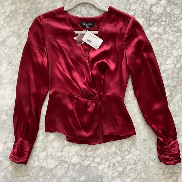 NWT Intermix Naila Silk Wrap Blouse In Dark Red - Picture 2 of 5